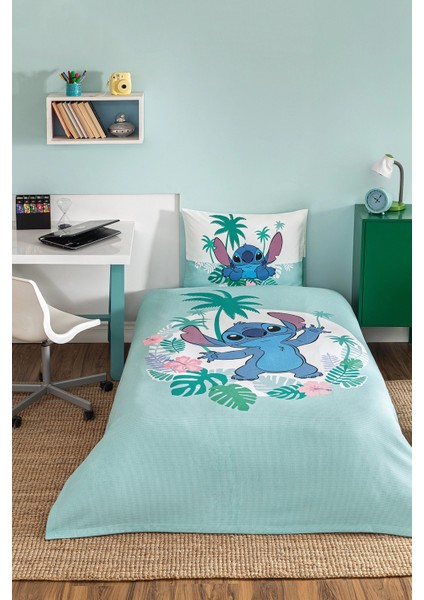 Tek Kişilik Disney Lisanslı Lastikli Çarşaf Çocuk Pike Takımı Stitch Summer