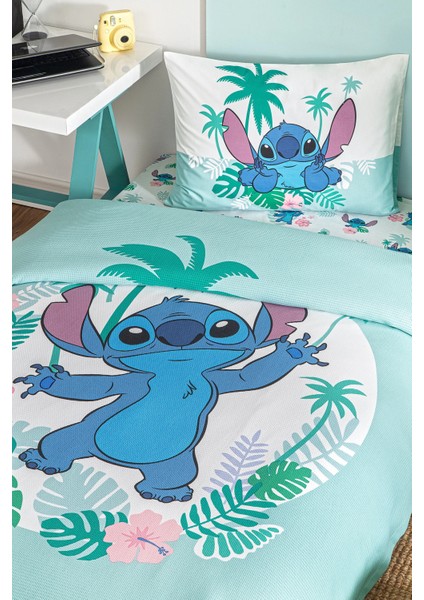 Tek Kişilik Disney Lisanslı Lastikli Çarşaf Çocuk Pike Takımı Stitch Summer