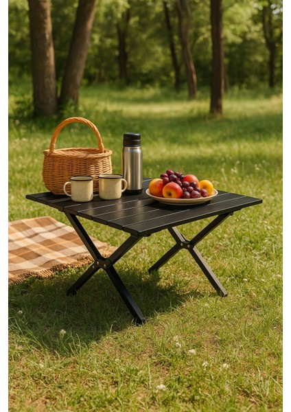 Hafif Taşıma Çantalı Katlanır Kamp Piknik Bahçe Masası Siyah 60 x 60 x 45 cm