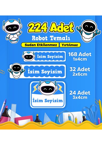Robot Temalı Okul Kreş Kişiye Özel Isim Etiket Seti - Model 434