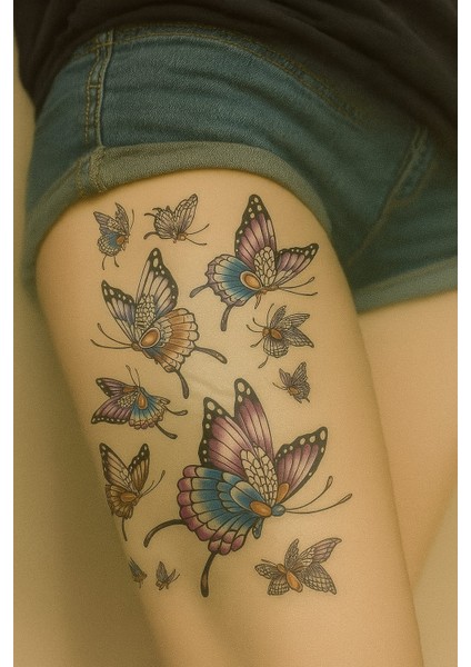 Rengarenk Çoklu Kelebek Temalı Geçici Dövme