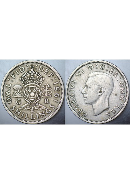 Birleşik Krallık 2 Şilin 1951. Kral 6. George (Kraliçe Iı. Elizabeth'in Babası). Ingiltere. 28,5 Mm.