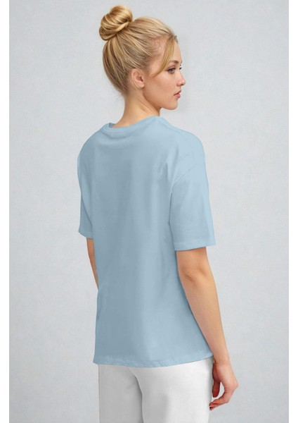 Kadın Açık Mavi Regular Nazar Göz Baskı Fit Normal Kalıp T-Shirt modelleri