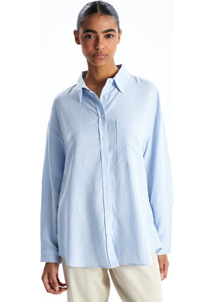 Yeni Sezon Cizgili Keten Karisimli Oversize Kadin Gomlek - S52683Z8