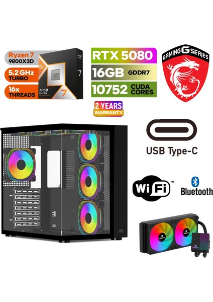 Gaming Pc Ddr5 – Rtx 5080 16 GB – Ryzen 7 9800X3D - 32GB - 64GB Ddr5 Ram – 1tb M.2 SSD – Sıvı Sogutmalı – Windows 11 Pro