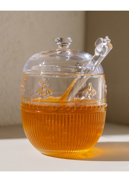 Abeille Kaşıklı Cam Bal Kavanozu - Şeffaf - 240 ml
