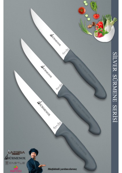 Sürmene Silver Serisi Gri Sap Mutfak Bıçak Seti Et Ekmek Sebze Meyve Kesme Bıçağı 3 Lü Set (SRM-012)