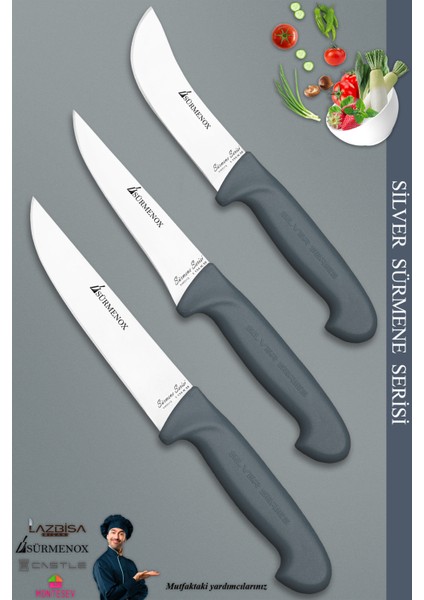 Sürmene Silver Serisi Gri Sap Mutfak Bıçak Kurban Seti Et Ekmek Sebze Bıçağı 3 Lü Set ( Srm-07)
