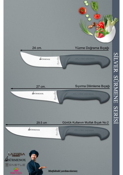 Sürmene Silver Serisi Gri Sap Mutfak Bıçak Kurban Seti Et Ekmek Sebze Bıçağı 3 Lü Set ( Srm-07) fiyatları