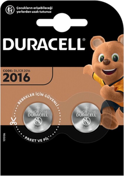 2016 Lityum Düğme Pil 3V, 2'li Paket (CR2016)