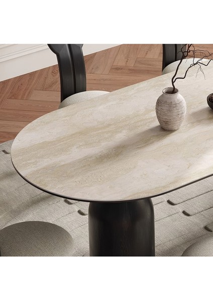 Imperial Italyan Still Oval Traverten Yemek Masası 80X160