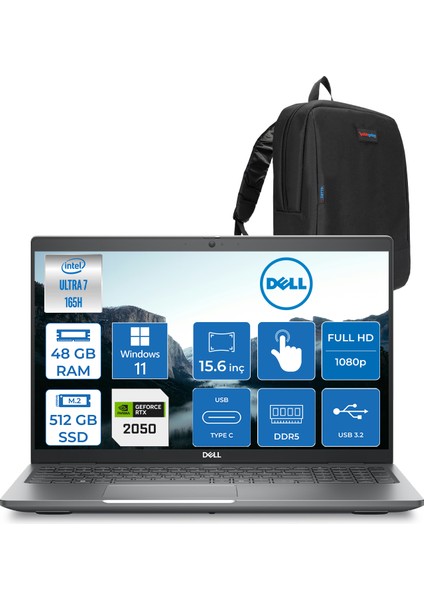 Latitude 5550 Intel Core Ultra 7 165H 48GB Ddr5 512GB SSD Nvidia RTX2050 4gb Windows 11 Home Dokunmatik 15.6" Fullhd Taşınabilir Bilgisayar XCTOL5550UBUU7165H22 + Zetta Çanta