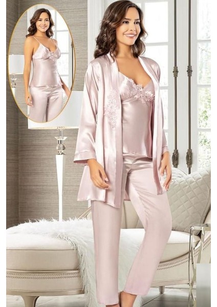 2103 Kadın Pudra Saten Sabahlıklı Pijama Takım
