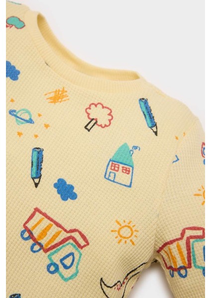 Yeni Sezon Erkek Bebek Pijama Takımı Araç Baskılı Uzun Kollu Waffle Üst Beli Lastikli Uzun Alt