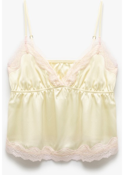Yeni Sezon Dantel Detaylı V Yaka Ince Askılı Saten Pijama Üst modelleri