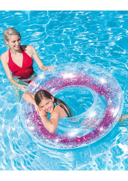 Simli Jumbo Şeffaf Deniz Simidi – 119 cm Gold Glitter Şişme Deniz Yatağı Pink