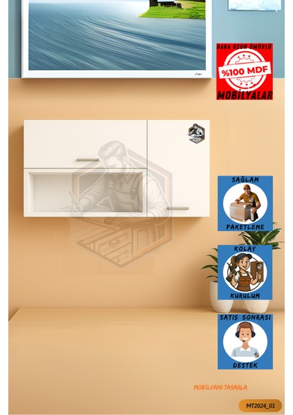Tamamı Mdf Çok Amaçlı Açık Raflı Üst Dolap Mutfak / Banyo / Salon / Ofis