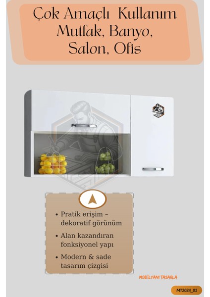 Tamamı Mdf Çok Amaçlı Açık Raflı Üst Dolap Mutfak / Banyo / Salon / Ofis