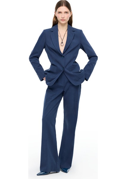 Lacivert Loresi Rahat Kalıp Yüksek Bel Pantolon