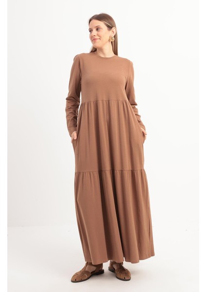 Vizon-Pamuklu Fırfırlı Cepli Likralı Penye Elbise