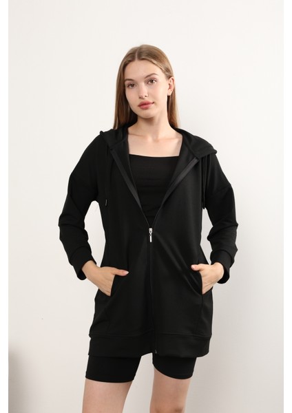 Basic Uzun Fermuarlı Kapüşonlu Modest Siyah Likralı Cepli Sweatshirt Tesettür Tunik