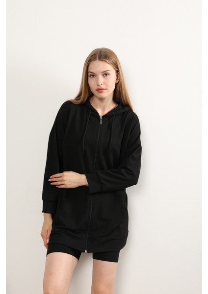 Basic Uzun Fermuarlı Kapüşonlu Modest Siyah Likralı Cepli Sweatshirt Tesettür Tunik modelleri