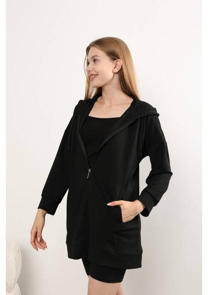 Basic Uzun Fermuarlı Kapüşonlu Modest Siyah Likralı Cepli Sweatshirt Tesettür Tunik fırsatları