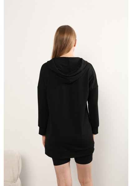 Basic Uzun Fermuarlı Kapüşonlu Modest Siyah Likralı Cepli Sweatshirt Tesettür Tunik indirimleri