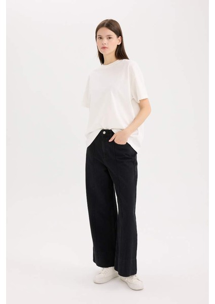 Yeni Sezon Kısa Geniş Paça Yüksek Bel Crop Jean Yıkamalı Pantolon