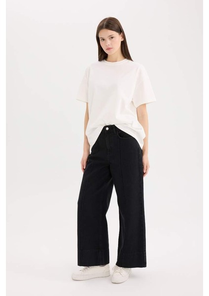 Yeni Sezon Kısa Geniş Paça Yüksek Bel Crop Jean Yıkamalı Pantolon
