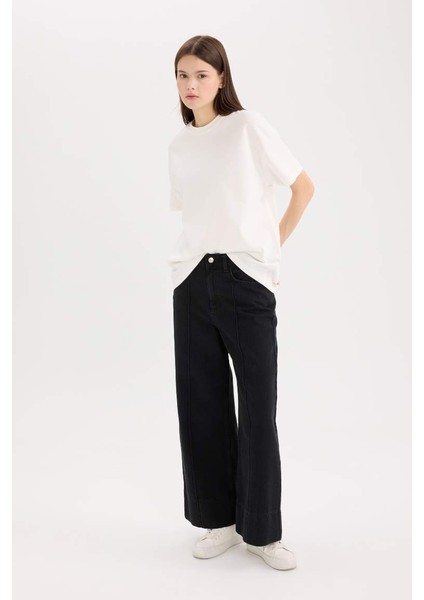Yeni Sezon Kısa Geniş Paça Yüksek Bel Crop Jean Yıkamalı Pantolon