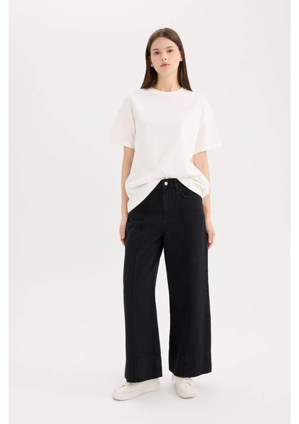 Yeni Sezon Kısa Geniş Paça Yüksek Bel Crop Jean Yıkamalı Pantolon