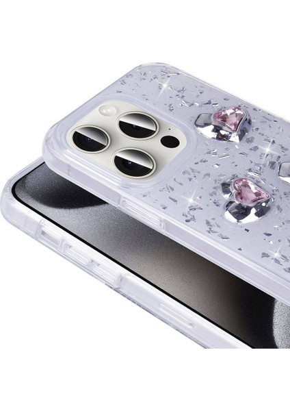 Apple iPhone 15 Pro Max Kılıf Airbagli Simli Arka Yüzey Tlzn Işıltı Silikon Kapak-Beyaz-Kalp
