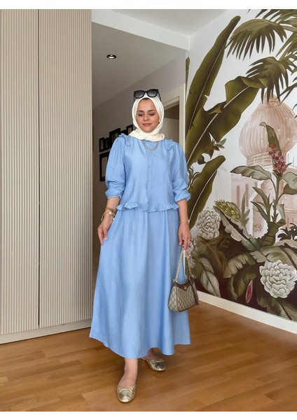 Çilek Kumaş Pamuklu Fırfırlı Gömlek Etekli Takım – Mavi