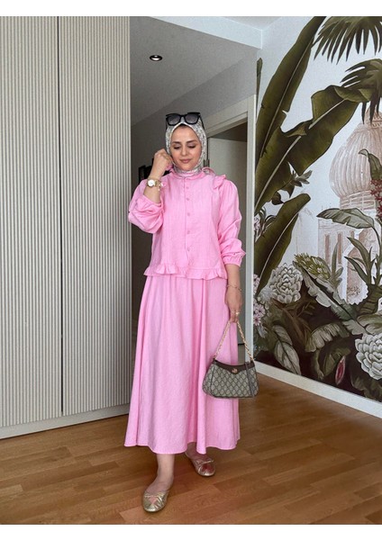 Çilek Kumaş Pamuklu Fırfırlı Gömlek Etekli Takım – Pembe fiyatları