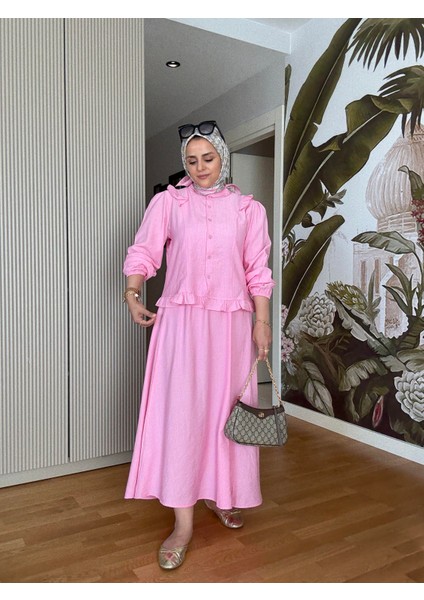 Çilek Kumaş Pamuklu Fırfırlı Gömlek Etekli Takım – Pembe modelleri