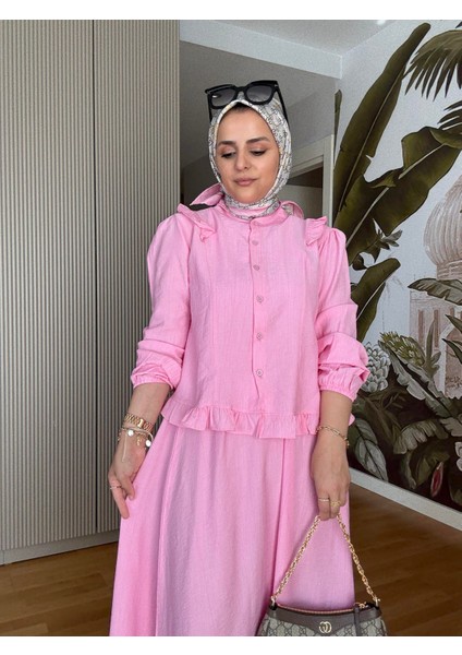 Çilek Kumaş Pamuklu Fırfırlı Gömlek Etekli Takım – Pembe fırsatları