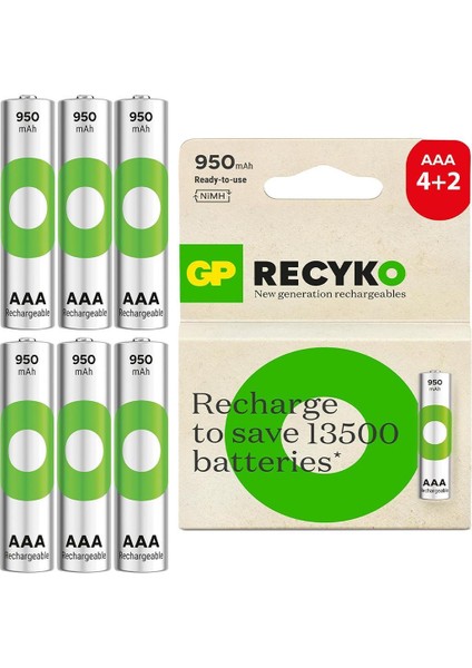 Batteries Recyko 950MAH Aaa Ince Kalem 6 Adet Ni-Mh Şarjlı Pil 1.2 Volt
