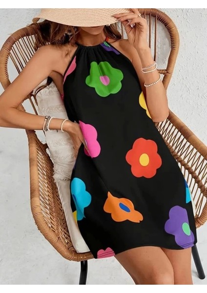 Kadın Boyundan Askılı Kolsuz Çiçek Desenli Süprem Elbise modelleri