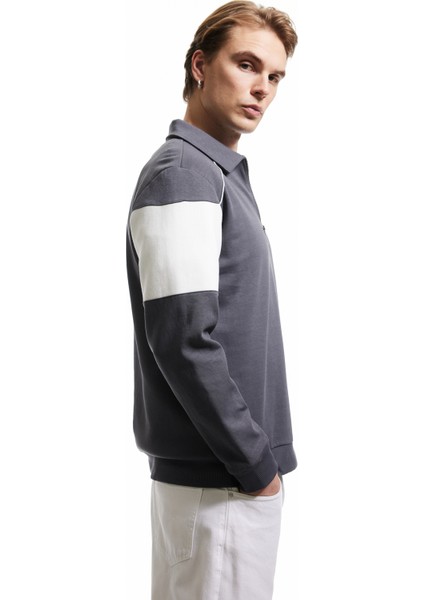 Yeni Sezon Pamuklu Renk Bloklu Uzun Kollu Yarım Fermuarlı Sweatshirt