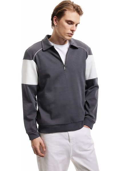 Yeni Sezon Pamuklu Renk Bloklu Uzun Kollu Yarım Fermuarlı Sweatshirt fiyatları