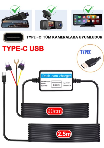 Park Modu Kablosu USB Type-C Akü Sigorta Bağlantı Kablosu Araç Içi Kamera Kiti Tüm Kameralara Uyumlu