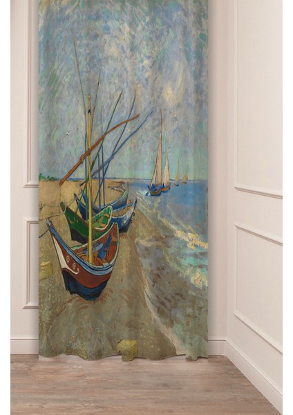 Van Gogh Saintes-Maries Sahilinde Balıkçı Kayıkları Desenli Dijital Baskılı (Tek Kanat) Fon Perde