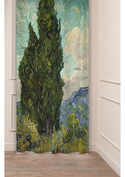 Van Gogh Selviler Ünlü Eser Tablo Sanat Manzara Desenli Dijital Baskılı (Tek Kanat) Şık Fon Perde