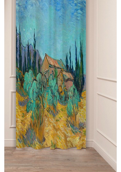 Van Gogh Ahşap Ev Zeytin Ağaçları Bahçe Ünlü Eser Tablo Desenli Dijital Baskılı (Tek Kanat)Fon Perde