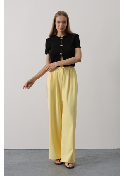 Pileli Bağcıklı Oversize Pantolon - Sarı