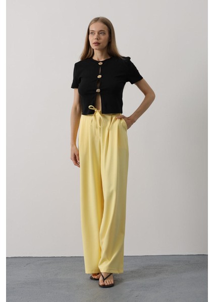 Pileli Bağcıklı Oversize Pantolon - Sarı
