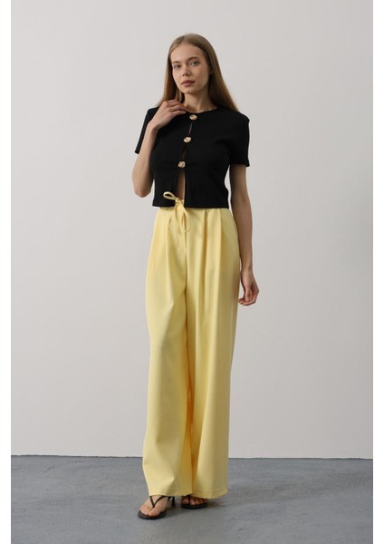 Pileli Bağcıklı Oversize Pantolon - Sarı