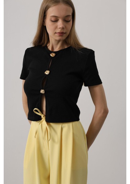 Pileli Bağcıklı Oversize Pantolon - Sarı