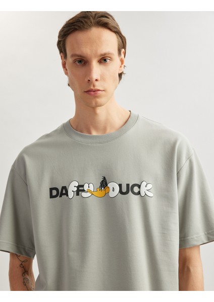 Yeni Sezon Kısa Kollu Pamuklu Tok Kumaş Bisiklet Yaka Oversize Baskılı Lisanslı Daffy Duck Tişört